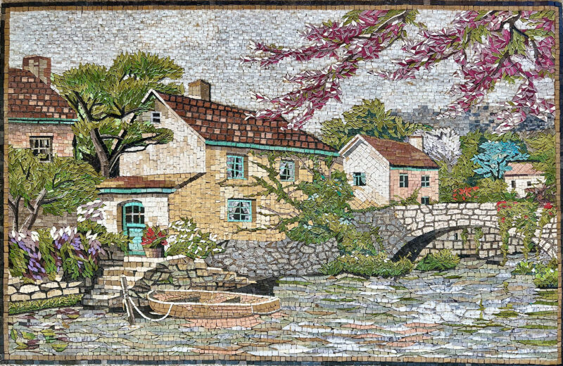 Mosaic Wall Art - House on the River - Cottage Tile Mosaic - Natural Stone Mural - Handcrafted Mosaic - Marble Mosaic Art