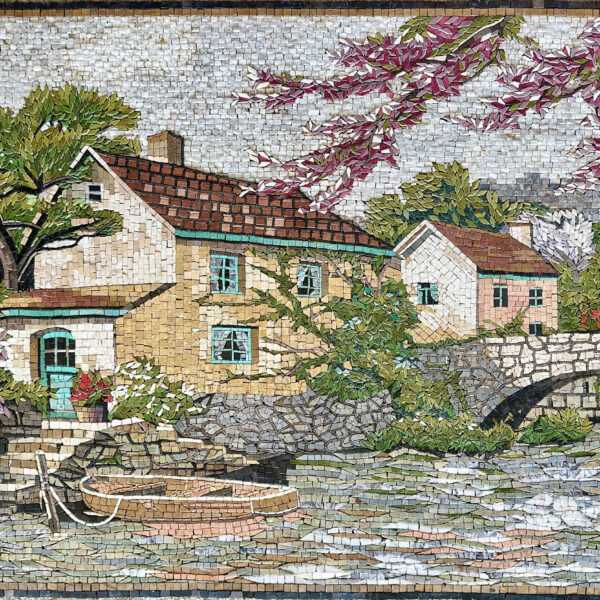Mosaic Wall Art - House on the River - Cottage Tile Mosaic - Natural Stone Mural - Handcrafted Mosaic - Marble Mosaic Art