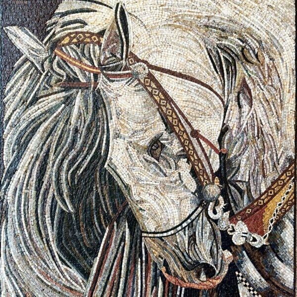 Horse Mosaic Wall Art - Elegant Home Decor - The White Warrior - Natural Stone Mural - Animal Mosaic Art - Mosaic Tile - Handmade Art