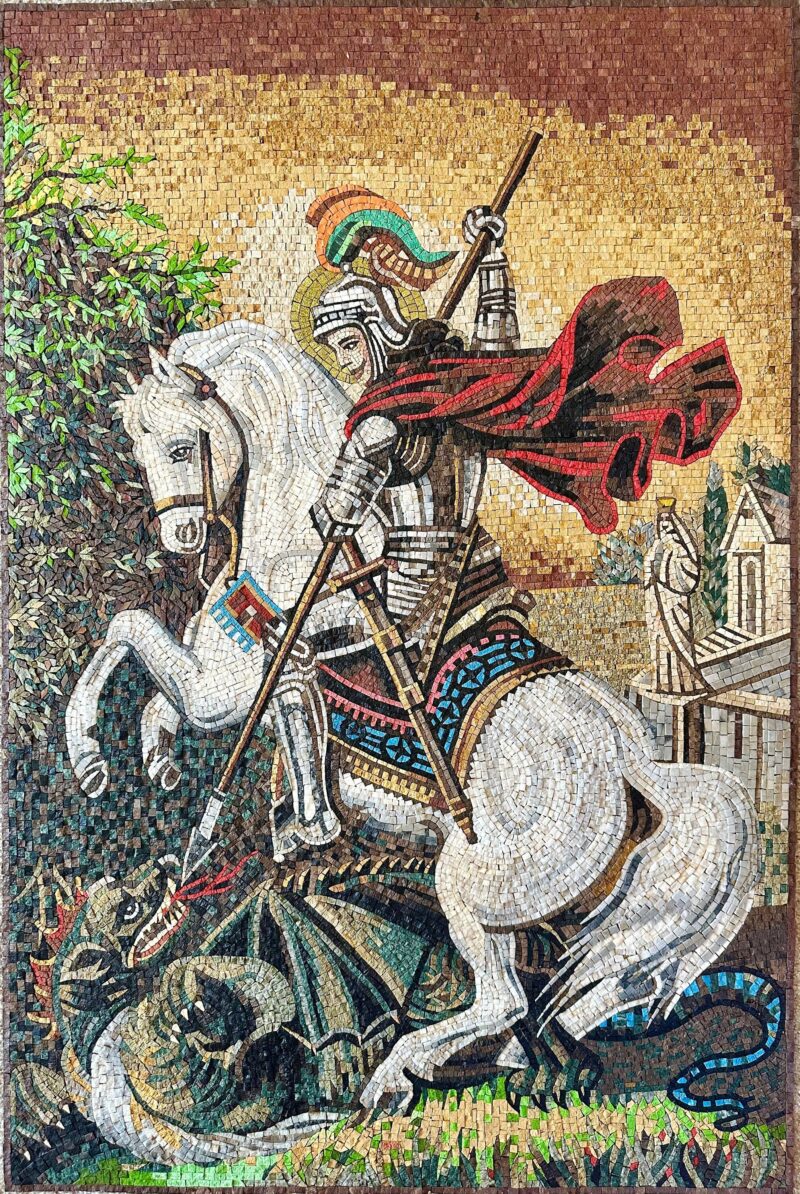 St George Defeating the Dragon - Religious Mosaic Art - Handmade with Marble & Natural Stone - Living Room and Chapel Decor - Wall Art