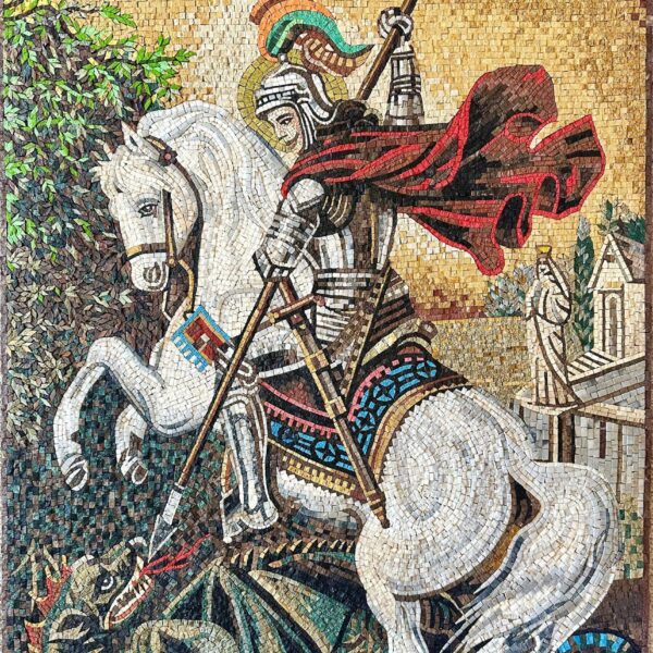 St George Defeating the Dragon - Religious Mosaic Art - Handmade with Marble & Natural Stone - Living Room and Chapel Decor - Wall Art
