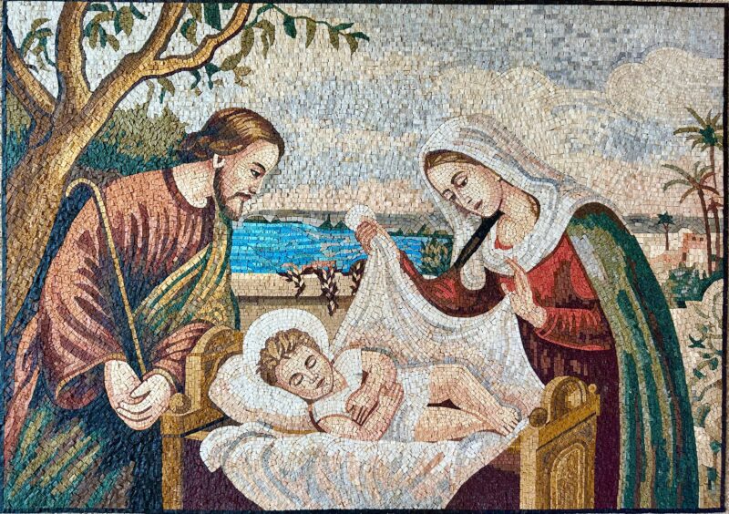 The Holy Family with Sleeping Jesus - Handmade Religious Mosaic Wall Art. Natural Stone Mural