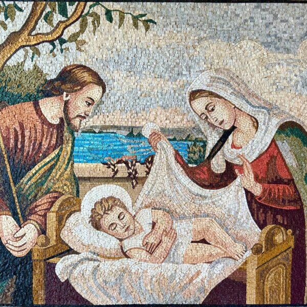 The Holy Family with Sleeping Jesus - Handmade Religious Mosaic Wall Art. Natural Stone Mural
