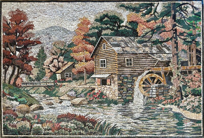 Mosaic Wall Art - Village Watermill - Natural Stone & Marble - Unique Home Decoration - Custom Sizes - Handmade Mosaic Tile Art - Vibrant