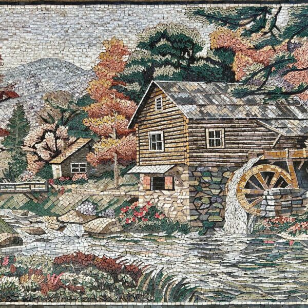 Mosaic Wall Art - Village Watermill - Natural Stone & Marble - Unique Home Decoration - Custom Sizes - Handmade Mosaic Tile Art - Vibrant
