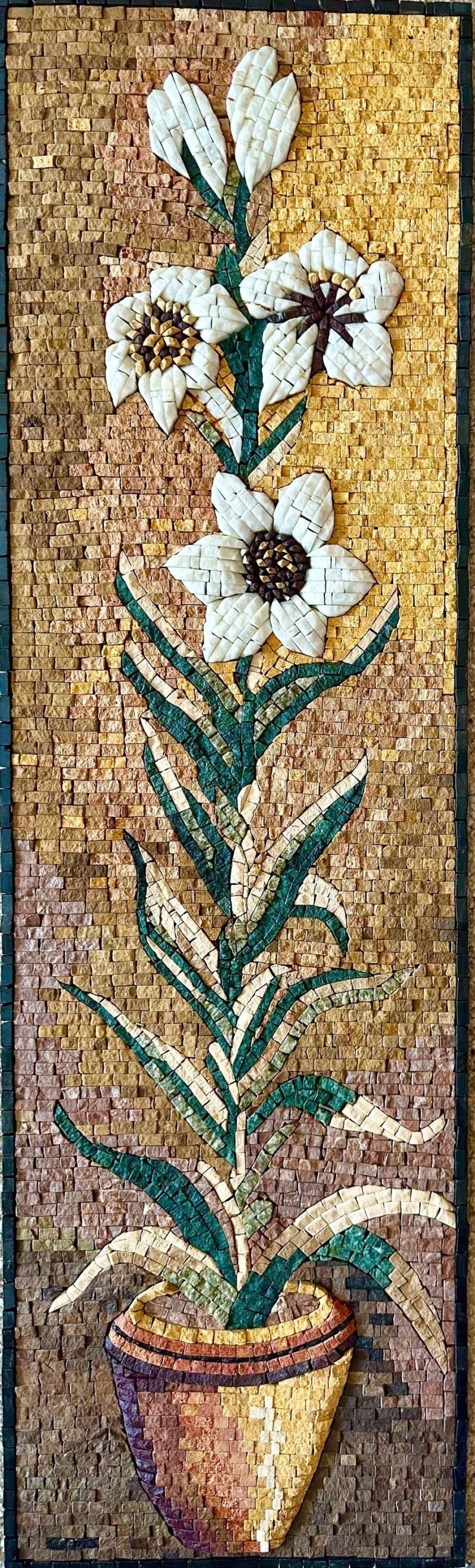 Mosaic Wall Art - White Flower in a Pot - Natural Stone & Marble - Handcrafted Artwork - Home Decoration - Indoor/Outdoor - Interior Design