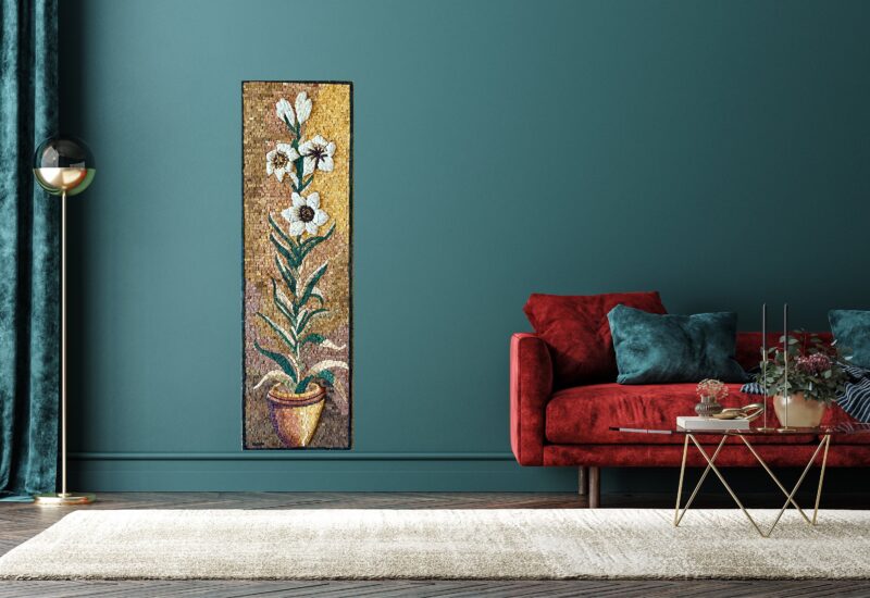 Mosaic Wall Art - White Flower in a Pot - Natural Stone & Marble - Handcrafted Artwork - Home Decoration - Indoor/Outdoor - Interior Design - Image 2
