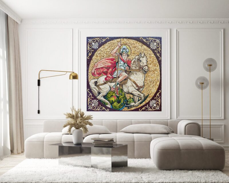St. George Defeating the Dragon - Religious Mosaic Wall Art - Handmade Natural Stone Mural - Unique Icon - Custom Sizes - Image 3