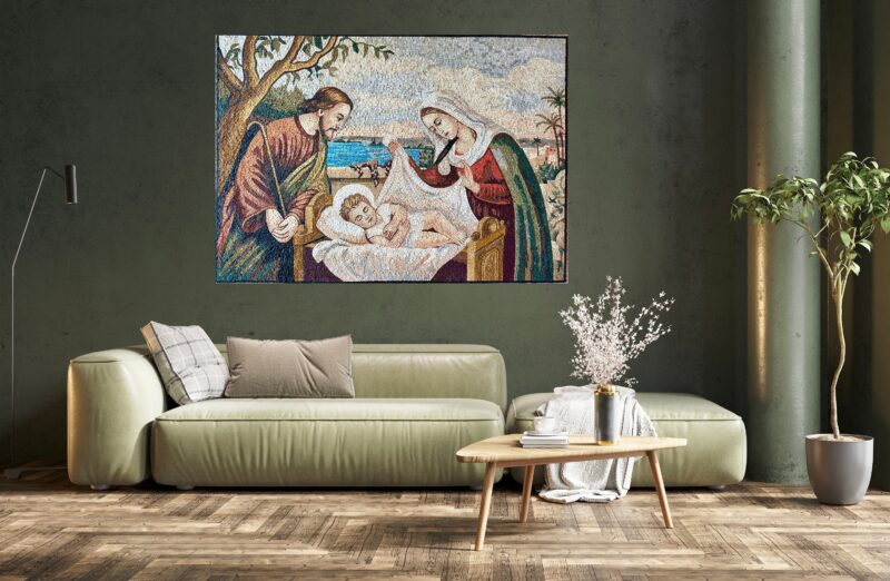 The Holy Family with Sleeping Jesus - Handmade Religious Mosaic Wall Art. Natural Stone Mural - Image 2