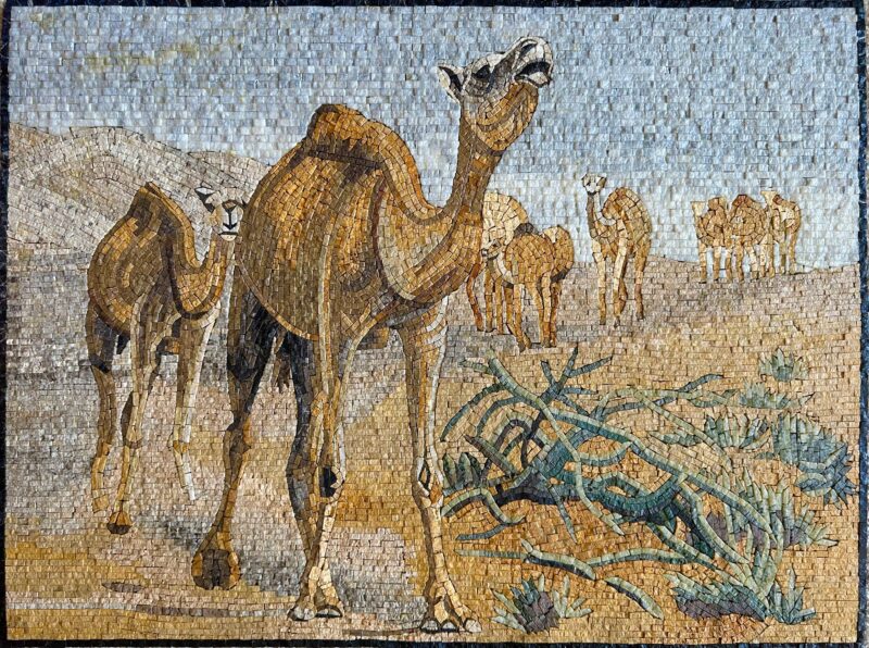 Mosaic Wall Art of Camels in the Desert -  Natural Stone Mural