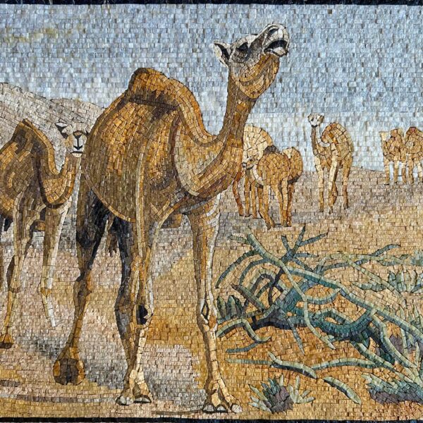 Mosaic Wall Art of Camels in the Desert -  Natural Stone Mural