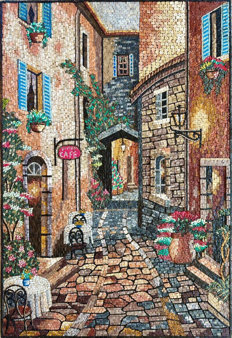 MOSAIC TILE ART - European Sidewalk Cafe (3D Elements) - Marble/Natural Stone Art - Handmade Mosaic Art - Unique Design - Living Room Decor