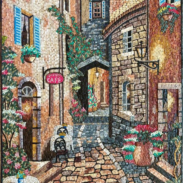 MOSAIC TILE ART - European Sidewalk Cafe (3D Elements) - Marble/Natural Stone Art - Handmade Mosaic Art - Unique Design - Living Room Decor