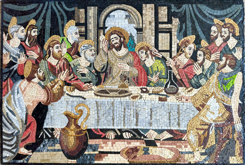 Colorful Last Supper Mosaic – Handmade Vibrant Stone Christian Wall Art – Marble Tile Religious Decor – Faith-Inspired Artwork for Home