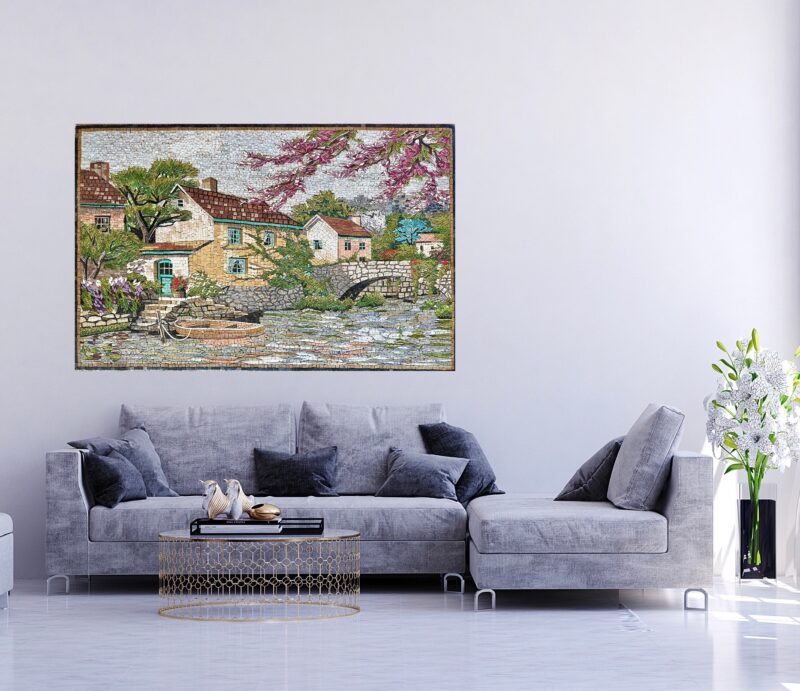 Mosaic Wall Art - House on the River - Cottage Tile Mosaic - Natural Stone Mural - Handcrafted Mosaic - Marble Mosaic Art - Image 2