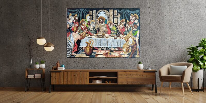 Colorful Last Supper Mosaic – Handmade Vibrant Stone Christian Wall Art – Marble Tile Religious Decor – Faith-Inspired Artwork for Home - Image 3
