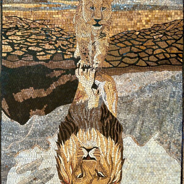 Lion’s Reflection - Handmade Mosaic Wall Art. Natural Store Mural