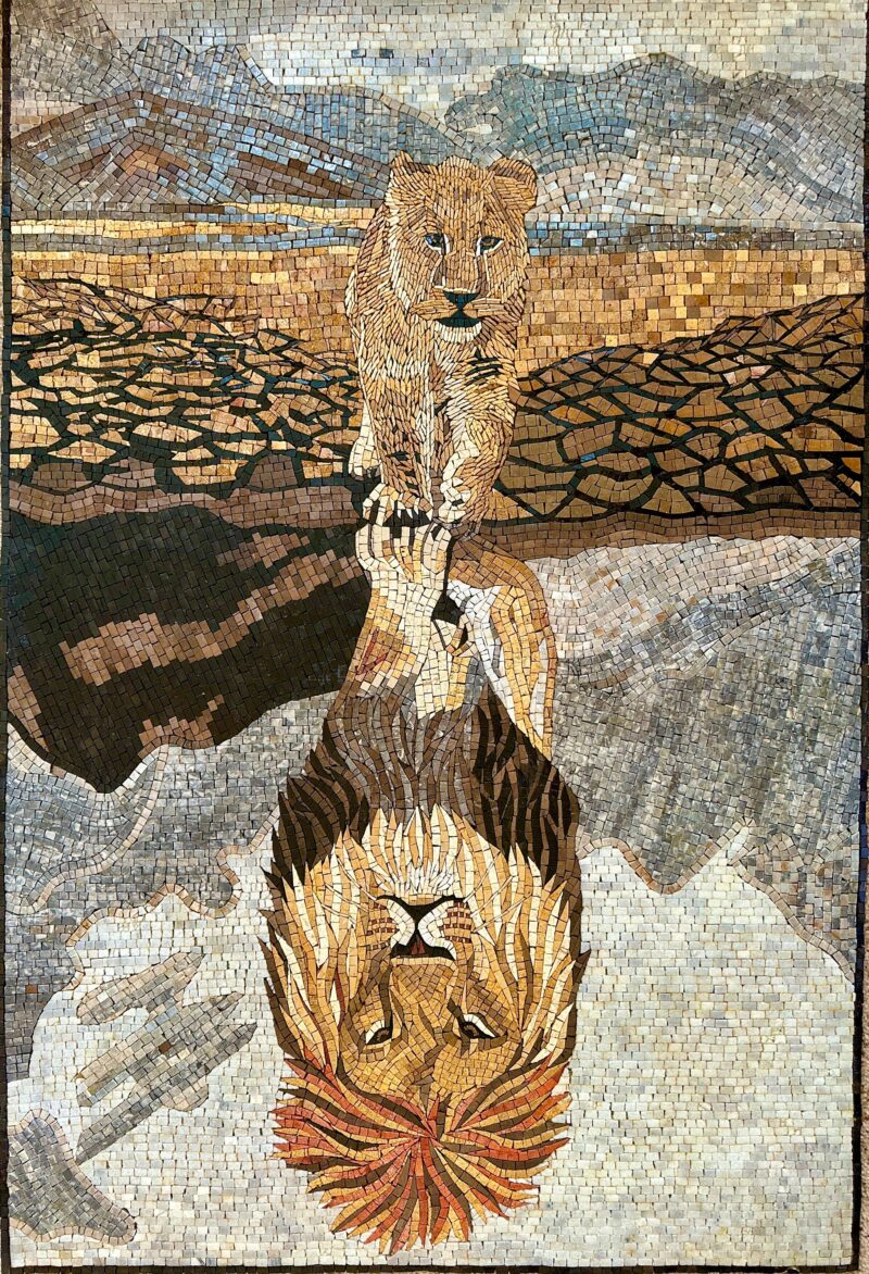 Lion’s Reflection - Handmade Mosaic Wall Art. Natural Store Mural