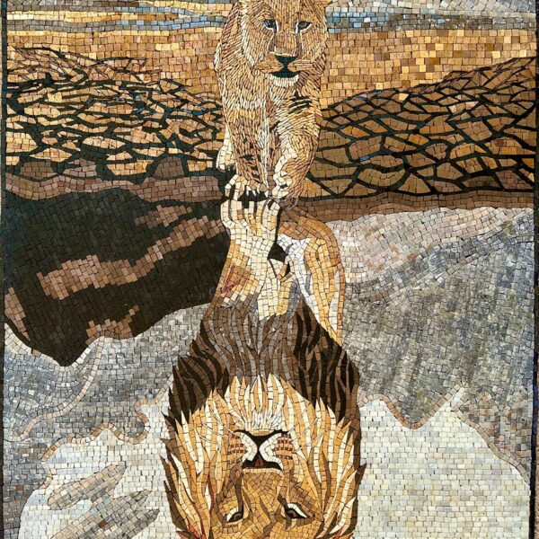 Lion’s Reflection - Handmade Mosaic Wall Art. Natural Store Mural