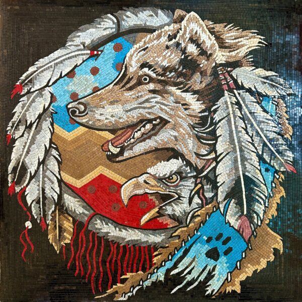 Unique Home Decoration - Handmade Mosaic Wall Art - Wolf & Eagle - Natural Stone Tiles - Elegant Living Room Design