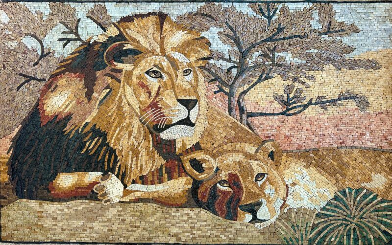 Handmade Mosaic Wall Art - Lion & Lioness - Natural Stone Mural - Mosaic Tiles - Living Room Decoration - Garden and Patio Accent