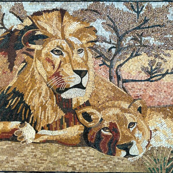 Handmade Mosaic Wall Art - Lion & Lioness - Natural Stone Mural - Mosaic Tiles - Living Room Decoration - Garden and Patio Accent