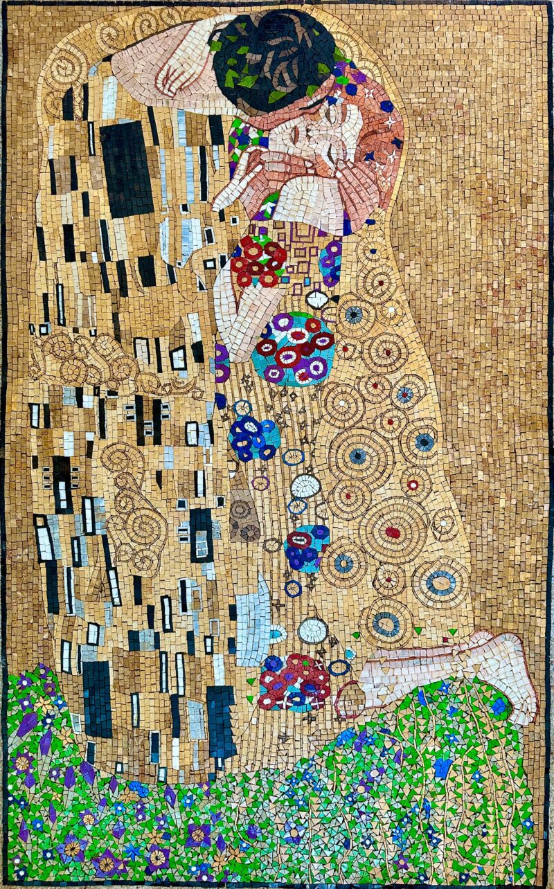 Handmade Mosaic Wall Art - The Kiss (Gustav Klimt Reproduction) - Natural Stone Mural - Mosaic Tile Art - Unique Home Decoration