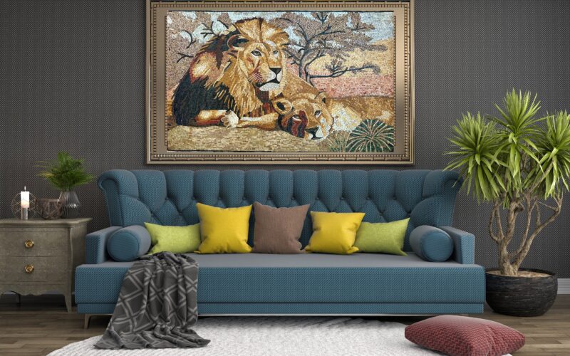 Handmade Mosaic Wall Art - Lion & Lioness - Natural Stone Mural - Mosaic Tiles - Living Room Decoration - Garden and Patio Accent - Image 2