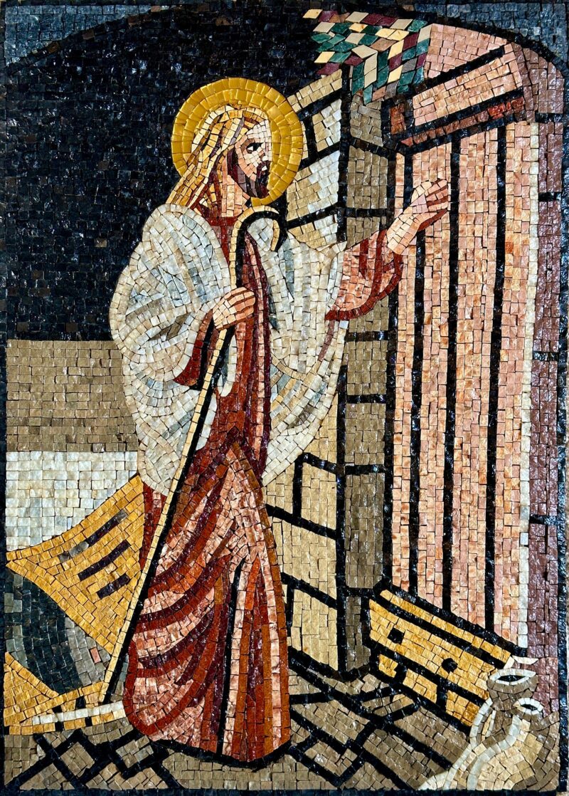 Jesus with a Golden Halo - Handmade Religious Mosaic Wall Art. Natural Stone Mural