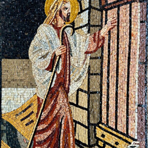 Jesus with a Golden Halo - Handmade Religious Mosaic Wall Art. Natural Stone Mural