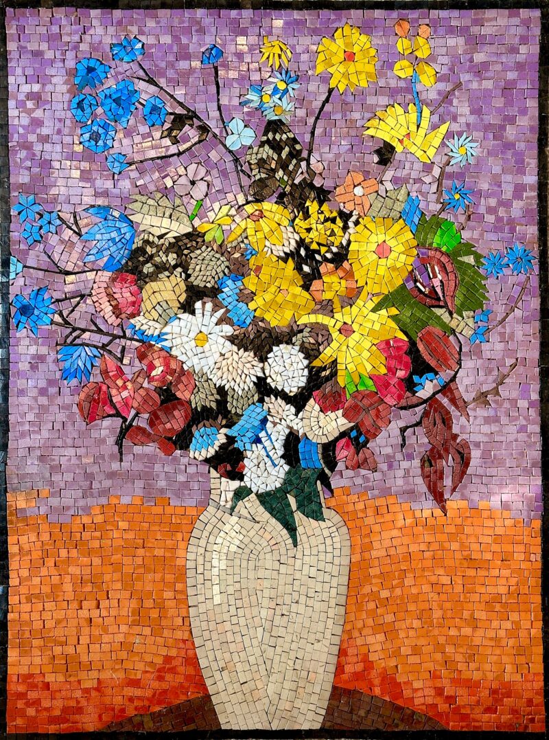 Handmade Mosaic Wall Art Reproduction (Odilon Redon, 1916) - White Vase with Flowers - Natural Stone Mural - Colorful & Vibrant Decoration