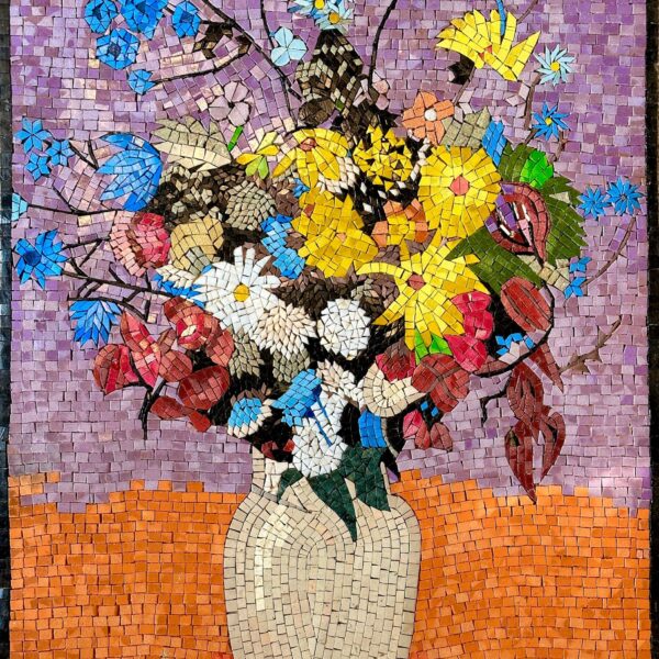 Handmade Mosaic Wall Art Reproduction (Odilon Redon, 1916) - White Vase with Flowers - Natural Stone Mural - Colorful & Vibrant Decoration