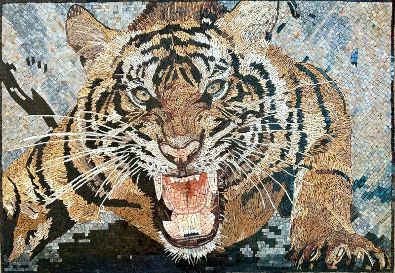 WILD TIGER MOSAIC - Handmade Wall Art - Natural Stone & Marble Mural - Can be Customized - Mosaic Tiles - Detailed Work