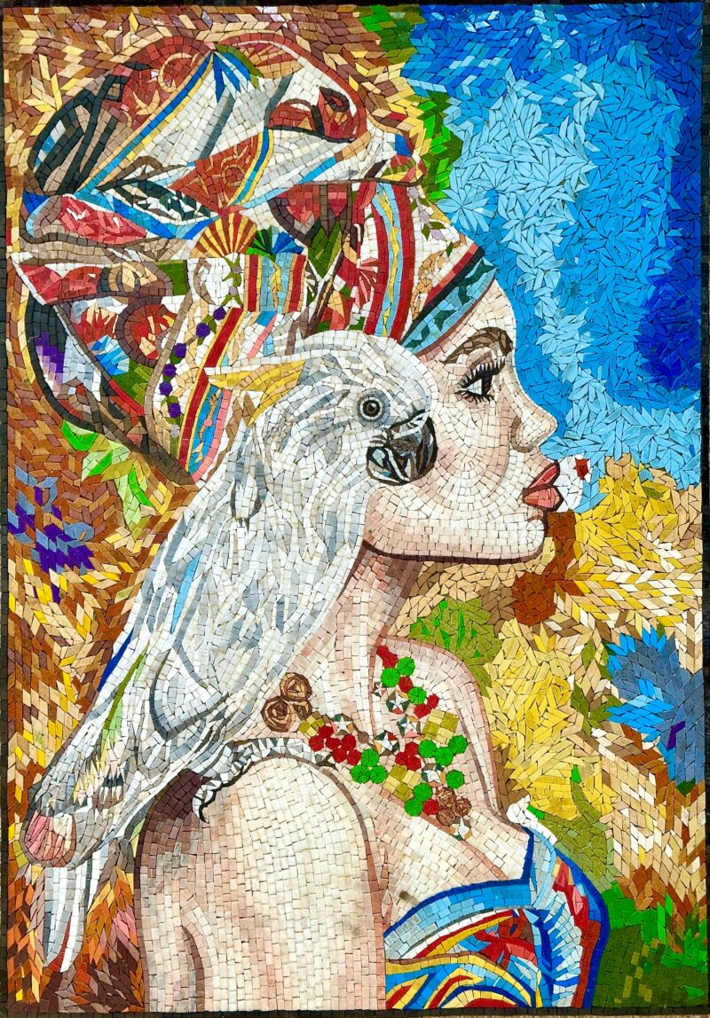 MOSAIC TILE ART - Colorful Woman & Parrot - Handmade Wall Art - Home Decoration - Mosaic Art - Stone and Marble - Colorful Wall Hangings