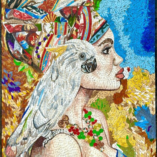 MOSAIC TILE ART - Colorful Woman & Parrot - Handmade Wall Art - Home Decoration - Mosaic Art - Stone and Marble - Colorful Wall Hangings