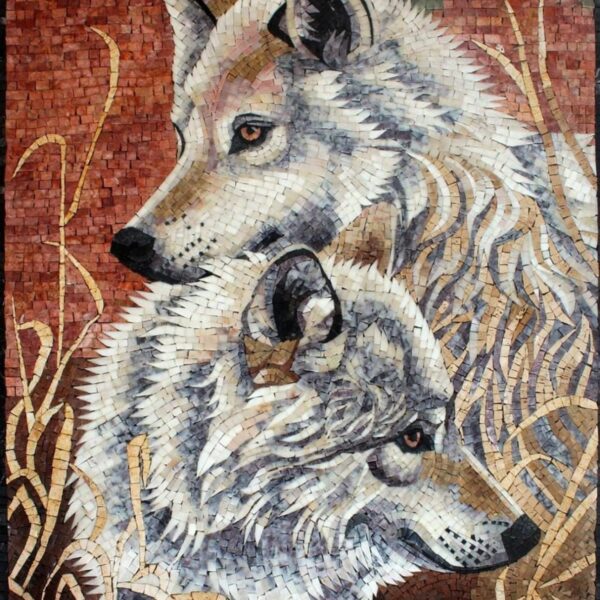 WALL ART HANGINGS - Handmade Mosaic - White Wolves - Natural Stone & Marble - Animal Art - Any Size - Home Decoration - Mosaic Tile Art