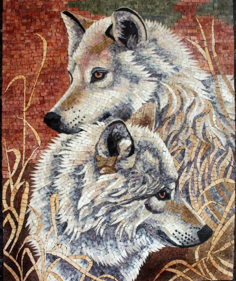 WALL ART HANGINGS - Handmade Mosaic - White Wolves - Natural Stone & Marble - Animal Art - Any Size - Home Decoration - Mosaic Tile Art