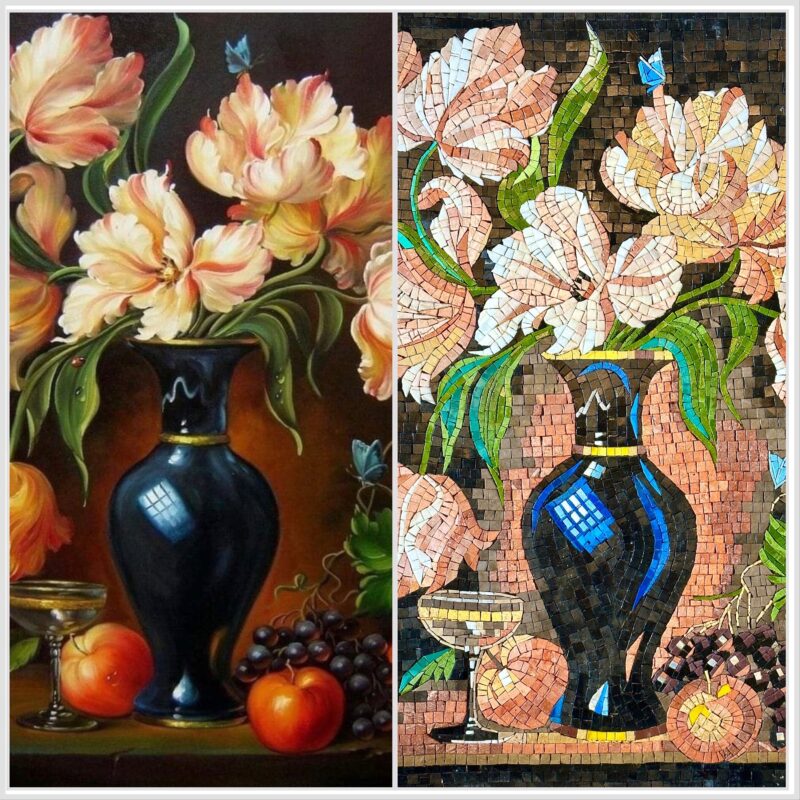 MOSAIC ART REPRODUCTION - Black Flower Vase - Natural Stone Mural - Mosaic Tile Art - Classy Home Decoration - Can be Customized - Image 3