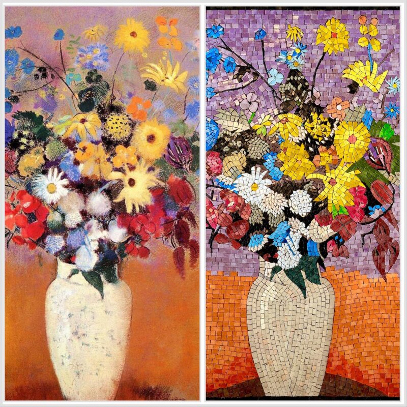Handmade Mosaic Wall Art Reproduction (Odilon Redon, 1916) - White Vase with Flowers - Natural Stone Mural - Colorful & Vibrant Decoration - Image 2