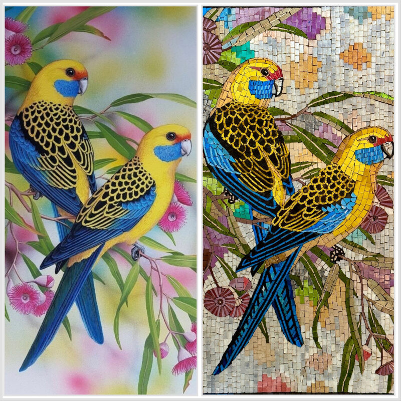 TOP RATED - Yellow Parakeets - Handmade Mosaic Wall Art -  Natural Stone Mural - Mosaic Tile Art - Colorful Home Decor - Can be Customized - Image 2