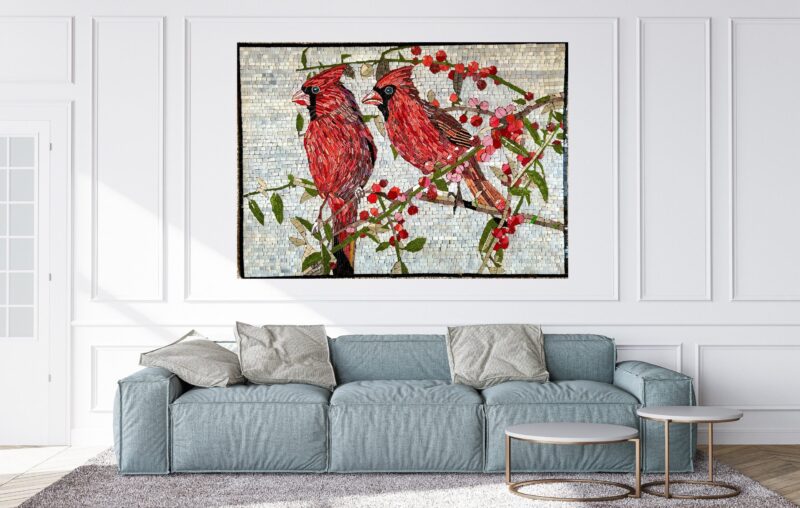 MOSAIC ART - Red Cardinals - Handmade Natural Stone Mural - Mosaic Tile Wall Art - Vibrant Home Decoration - Custom Made - Colorful Art - Image 2