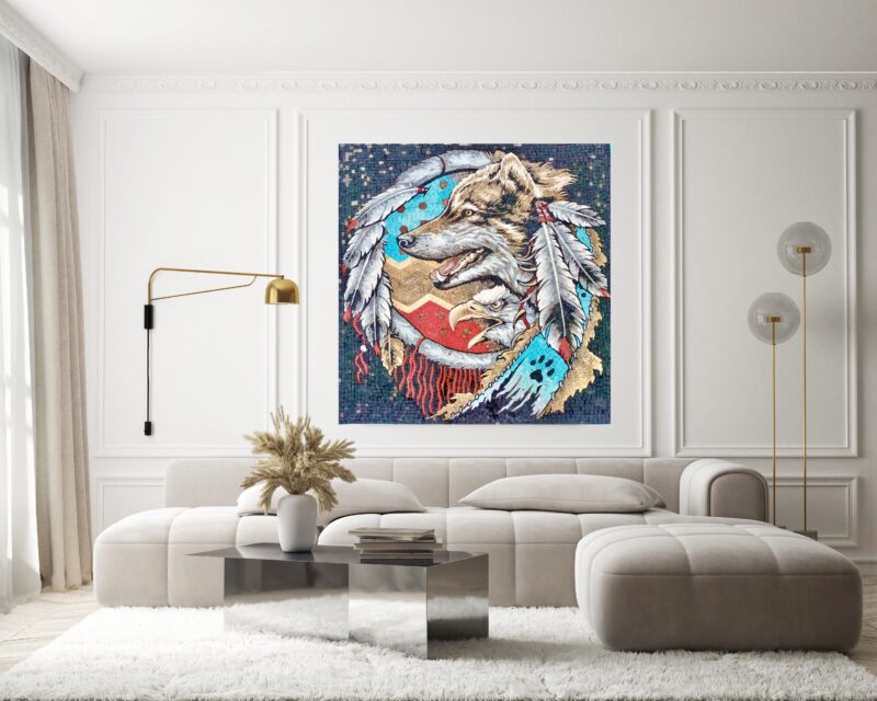 Unique Home Decoration - Handmade Mosaic Wall Art - Wolf & Eagle - Natural Stone Tiles - Elegant Living Room Design - Image 2