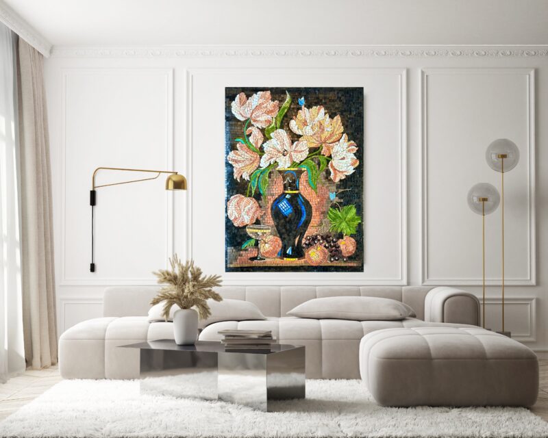 MOSAIC ART REPRODUCTION - Black Flower Vase - Natural Stone Mural - Mosaic Tile Art - Classy Home Decoration - Can be Customized - Image 4