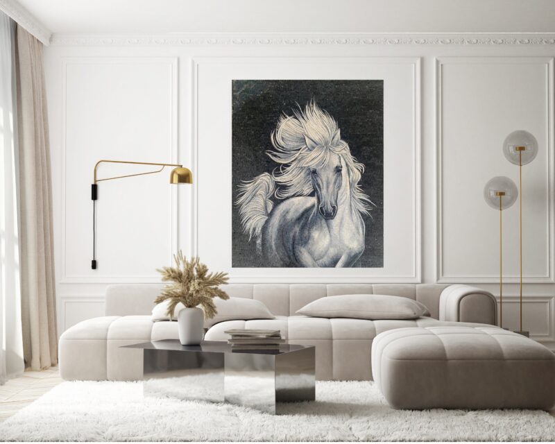MOSAIC WALL ART - Wild White Horse - Natural Stone Mosaic - Home Decoration - Any Size - Elegant Interior Design - Handmade - Image 2