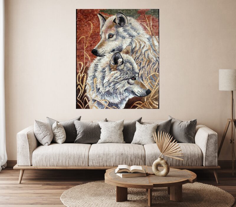 WALL ART HANGINGS - Handmade Mosaic - White Wolves - Natural Stone & Marble - Animal Art - Any Size - Home Decoration - Mosaic Tile Art - Image 2