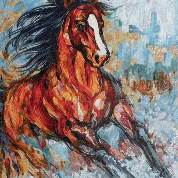 MOSAIC TILE ARTWORK - Wild Brown Horse - Natural Stone Mural - Indoor/Outdoor - Living Room Decor - Garden Decoration - Handmade Mosaic Art