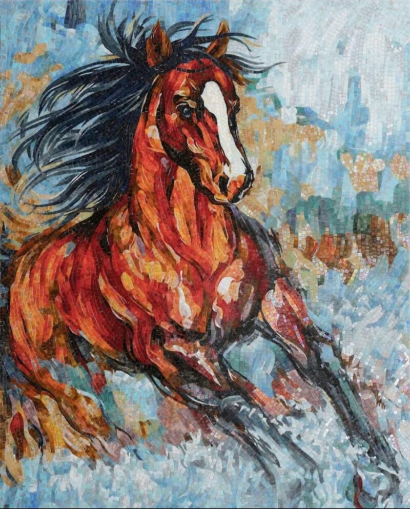 MOSAIC TILE ARTWORK - Wild Brown Horse - Natural Stone Mural - Indoor/Outdoor - Living Room Decor - Garden Decoration - Handmade Mosaic Art