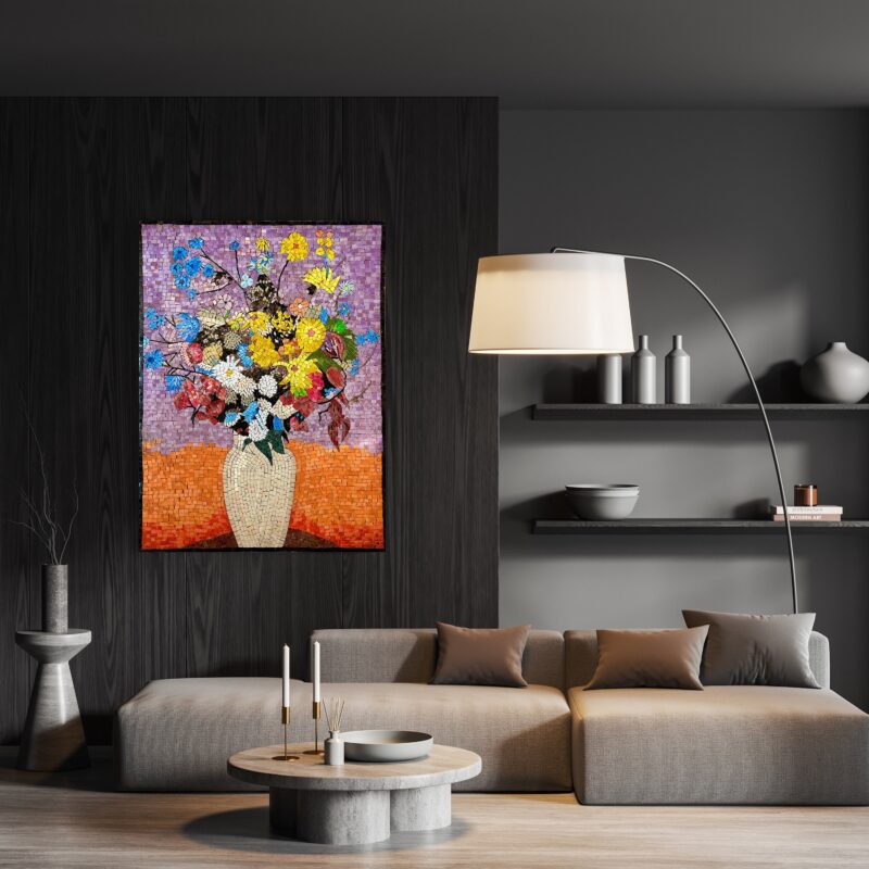 Handmade Mosaic Wall Art Reproduction (Odilon Redon, 1916) - White Vase with Flowers - Natural Stone Mural - Colorful & Vibrant Decoration - Image 3