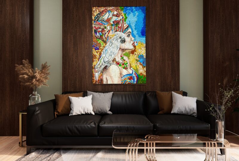 MOSAIC TILE ART - Colorful Woman & Parrot - Handmade Wall Art - Home Decoration - Mosaic Art - Stone and Marble - Colorful Wall Hangings - Image 2
