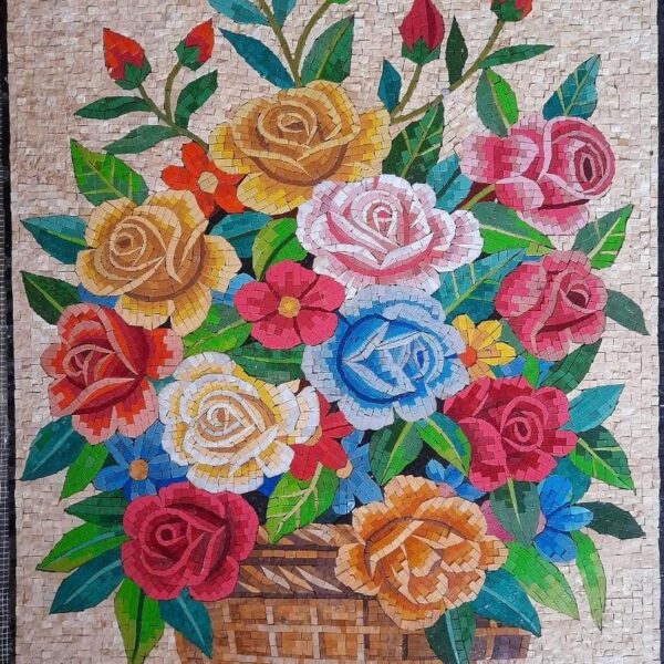 MOSAIC DECORATION - Colorful Flower Basket - Made from Marble and Natural Stone - Handmade Art - Custom Sizes - Interior Design